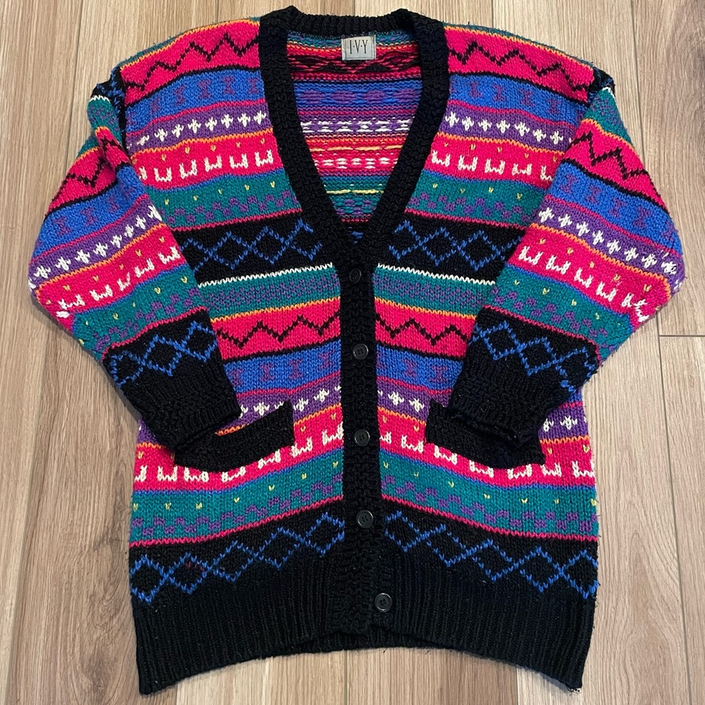 Vintage Multicolored Cardigan Sweater Womens